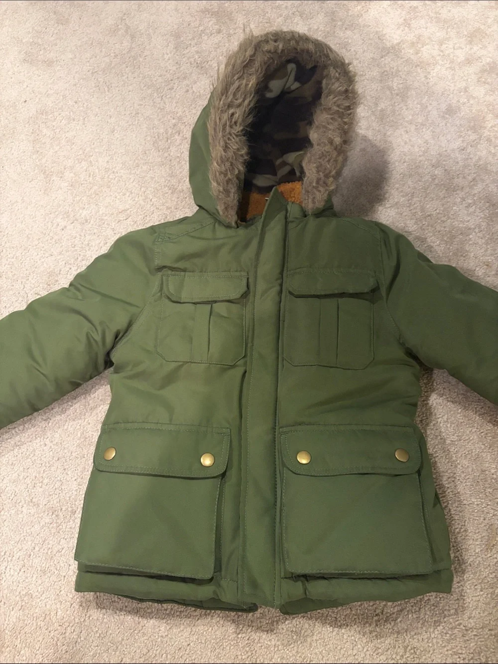 NWT Carter's  Boys Faux Fur Hooded Winter Parka Jacket Olive Green- Size 6